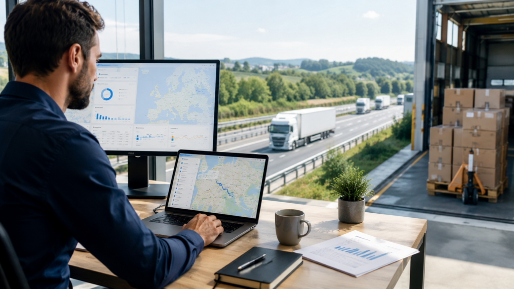 Profesional gestionando rutas de transporte de mercancías por carretera